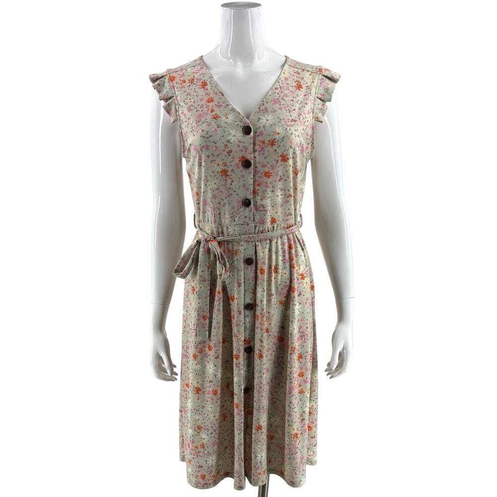 Monteau Womens Dress Sz Large Green Orange Purple Floral Tie Waist Ruffle Sleeve
